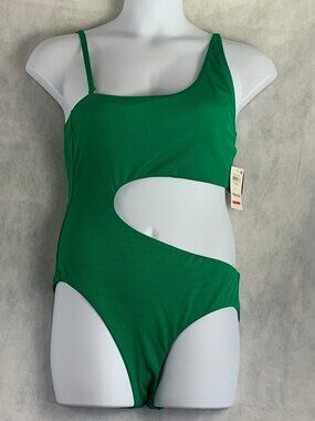 Bar III Women's Micro Rib One-Shoulder One-Piece Swimsuit, Vivid Green, Large